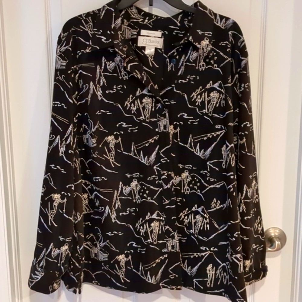 CJ Banks Black & White Ski Themed Button Down - 2X